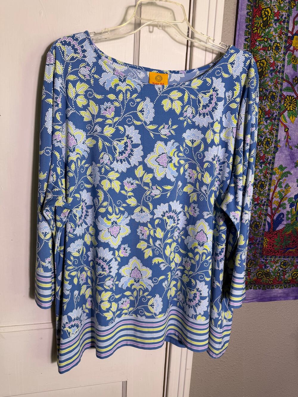 Ruby Rd Womens 2X Blue Floral Tunic Top Boat Neck Border Print 3/4 Sleeve